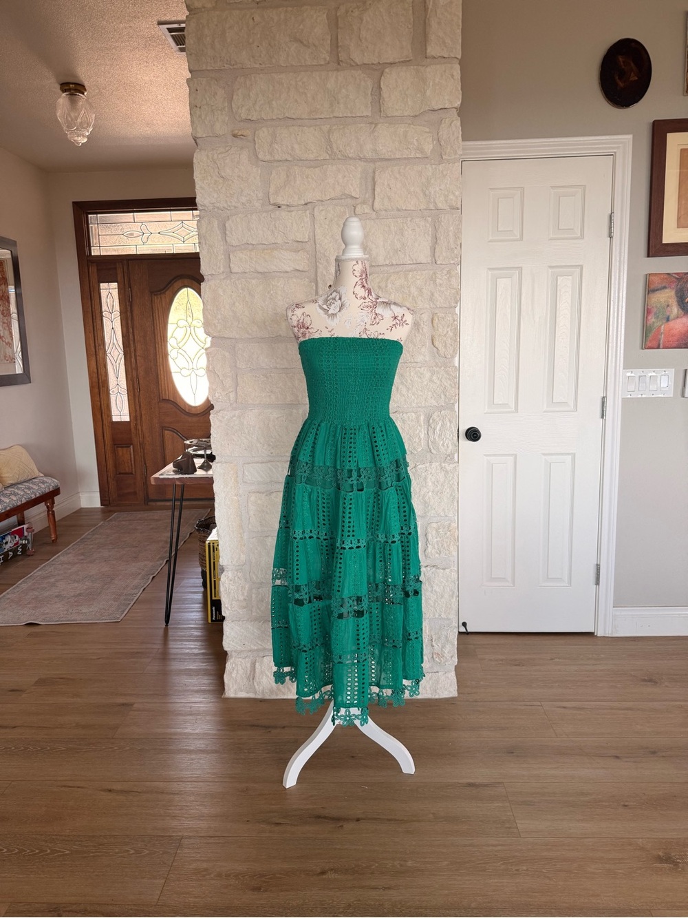 Emerald Strapless Crochet Tiered Midi Dress